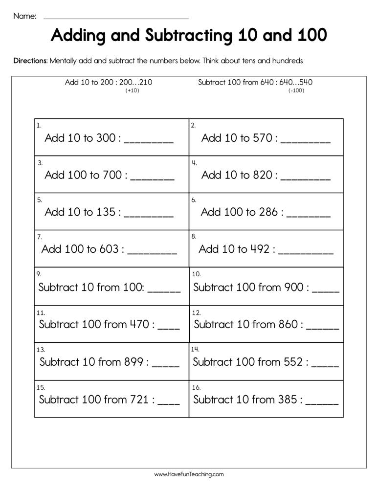 Add And Subtract 10 And 100 Worksheet Have Fun Teaching