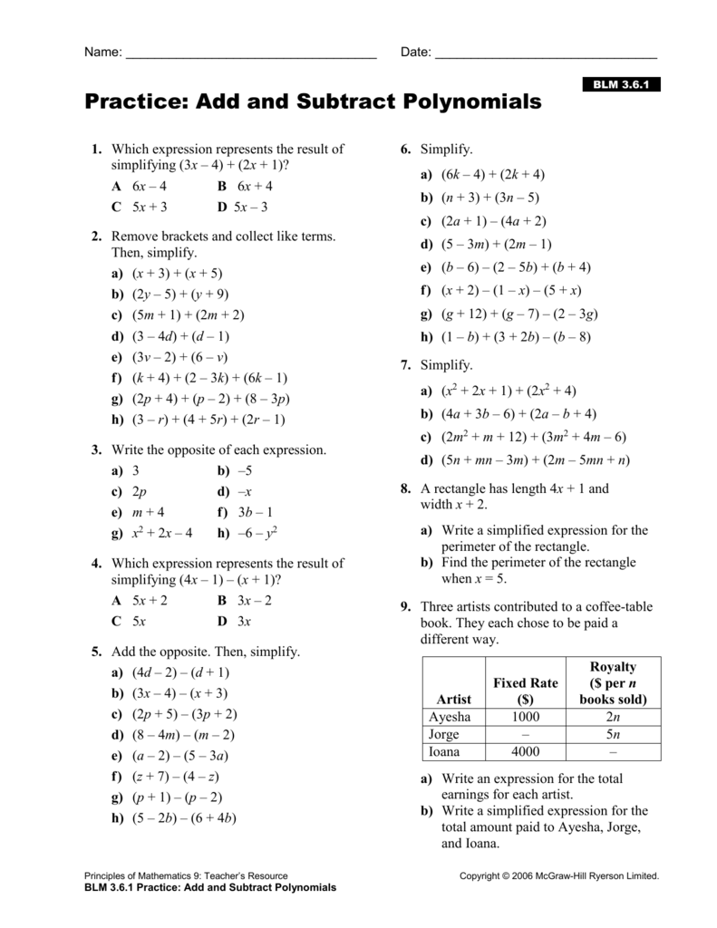 Adding And Subtracting Polynomials Worksheet With Answers Subtraction Worksheets