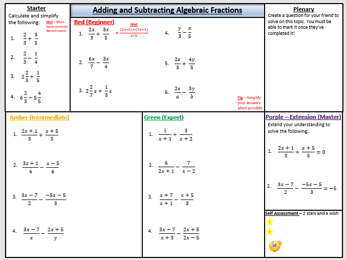 Adding And Subtracting Algebraic Fractions Teaching Resources