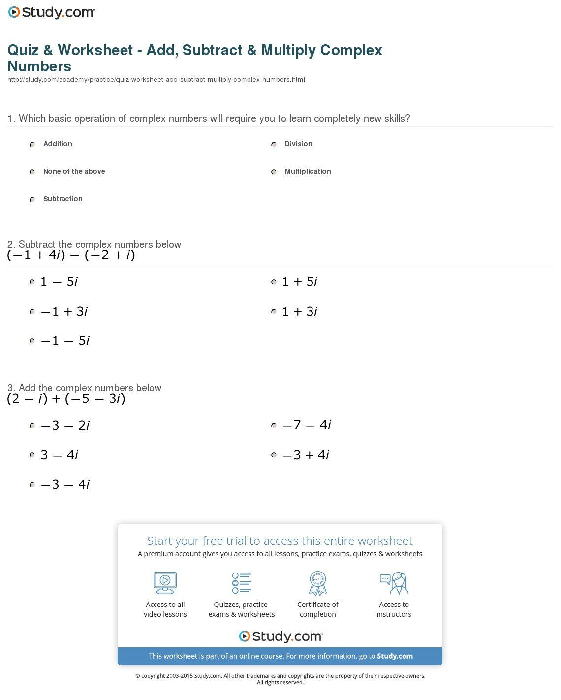 Adding And Subtracting Complex Numbers Worksheet A Adding And 