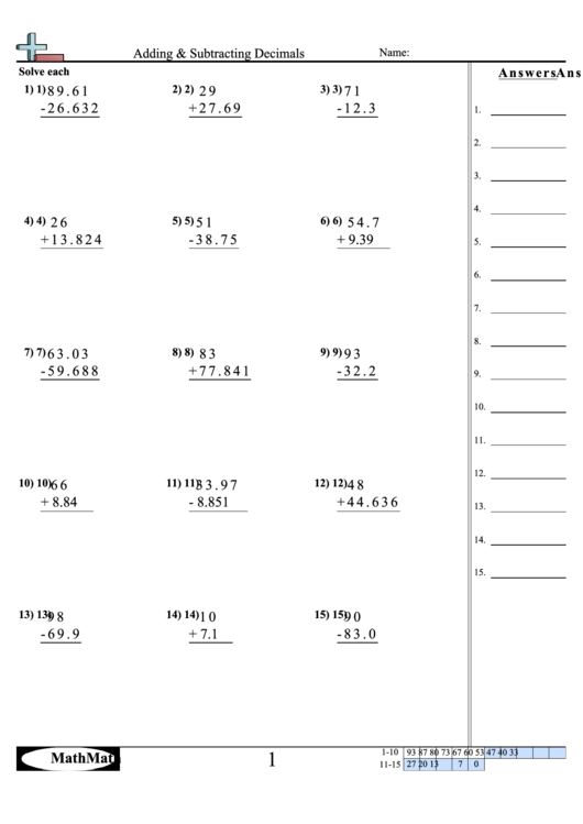 Adding And Subtracting Decimals Worksheet Printable Pdf Download