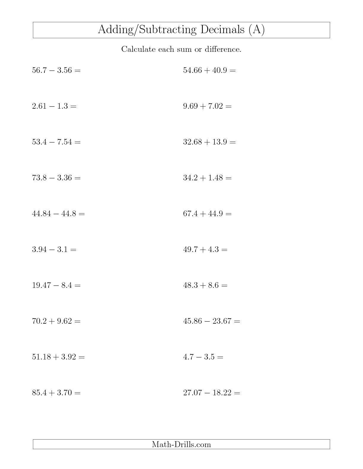 Adding And Subtracting Decimals Worksheets 6th Grade Answer Key