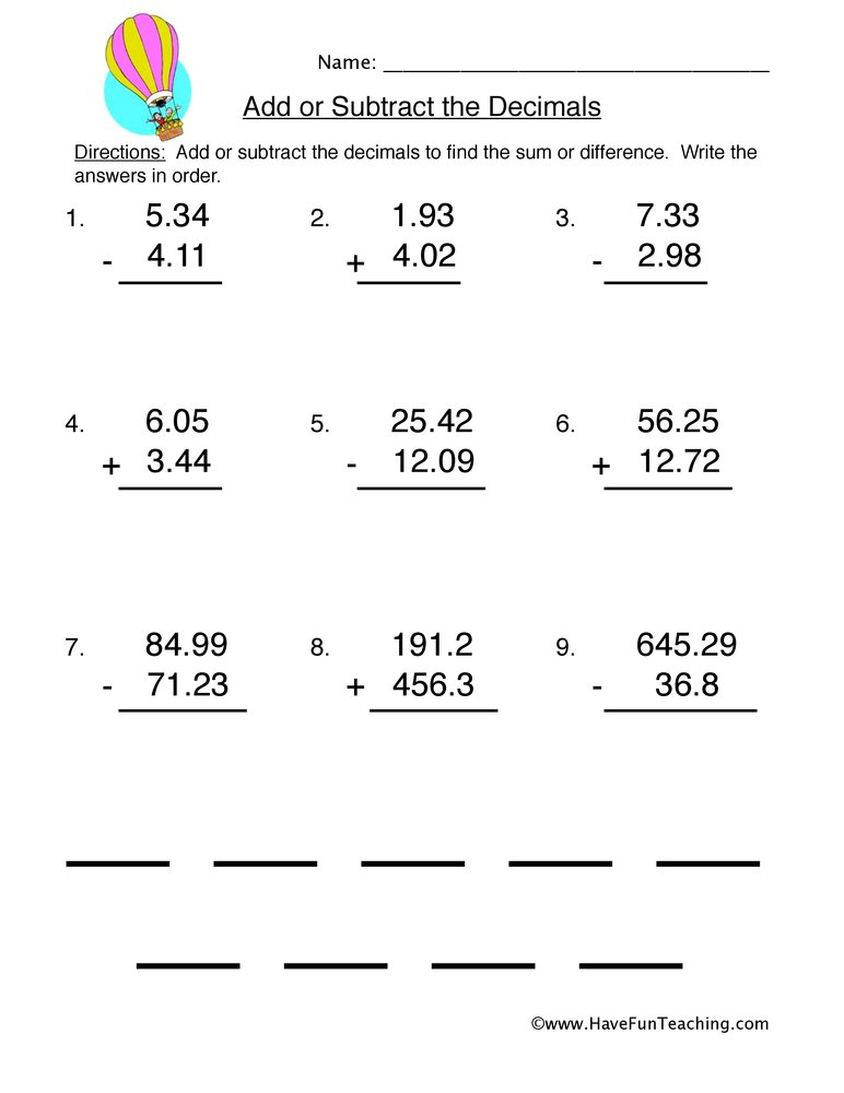 Adding And Subtracting Decimals Worksheets 6th Grade Answer Key