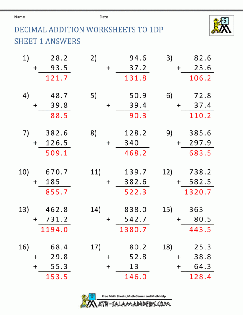 Adding And Subtracting Decimals Worksheets Answer Key Worksheets Free