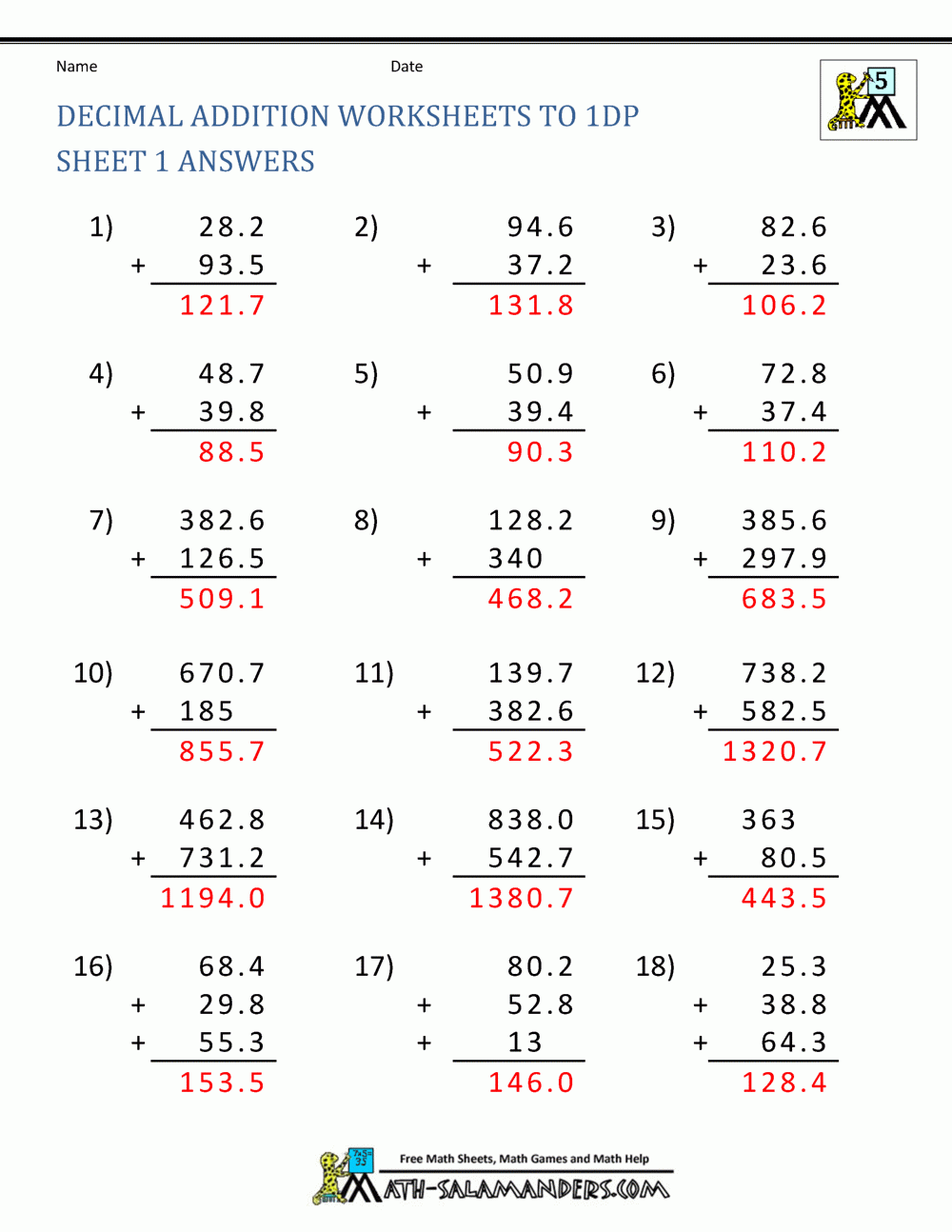 Adding And Subtracting Decimals Worksheets Answer Key Worksheets Free 