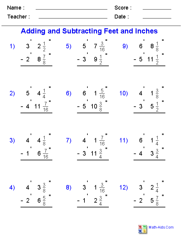 Adding And Subtracting Fractional Feet And Inches With Borrowing 