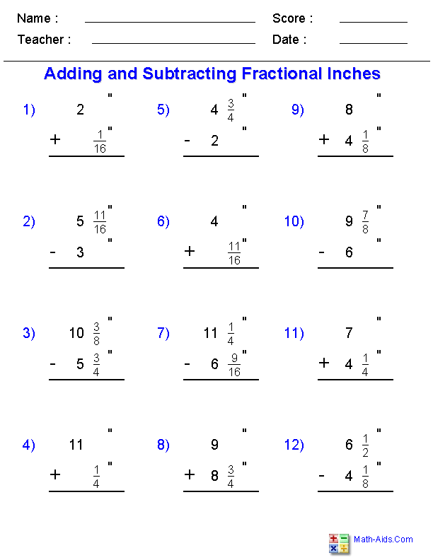 Adding And Subtracting Fractional Inches With Borrowing Worksheets 