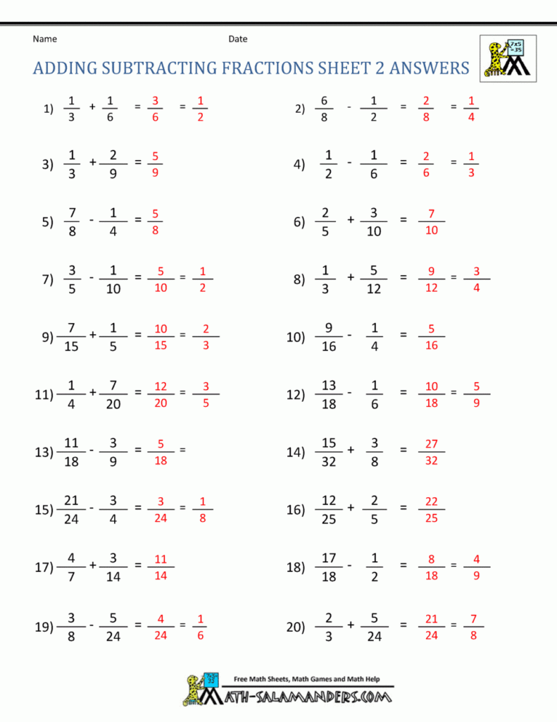 Adding And Subtracting Fractions Multiple Choice Worksheets