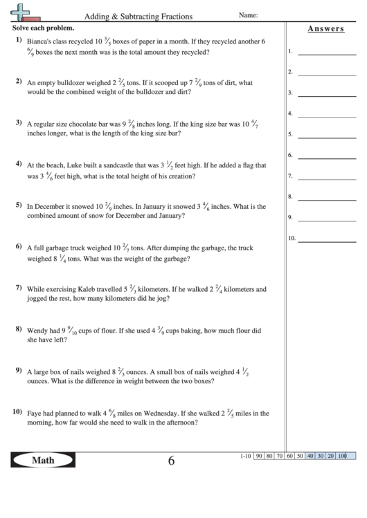 Adding And Subtracting Fractions Worksheet With Answer Key Printable 