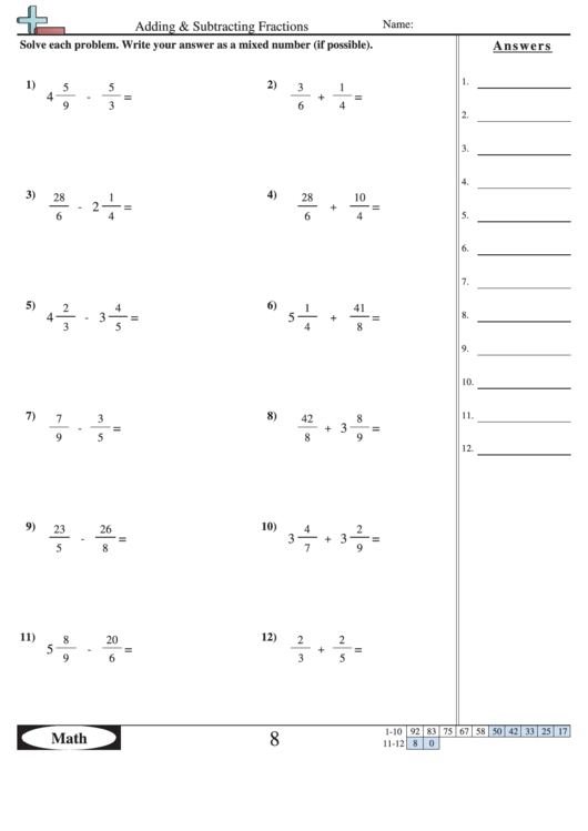 Adding And Subtracting Fractions Worksheet With Answer Key Printable