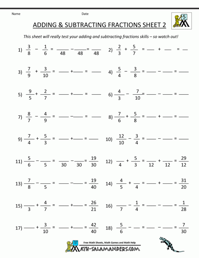 Adding And Subtracting Fractions Worksheets 7th Grade