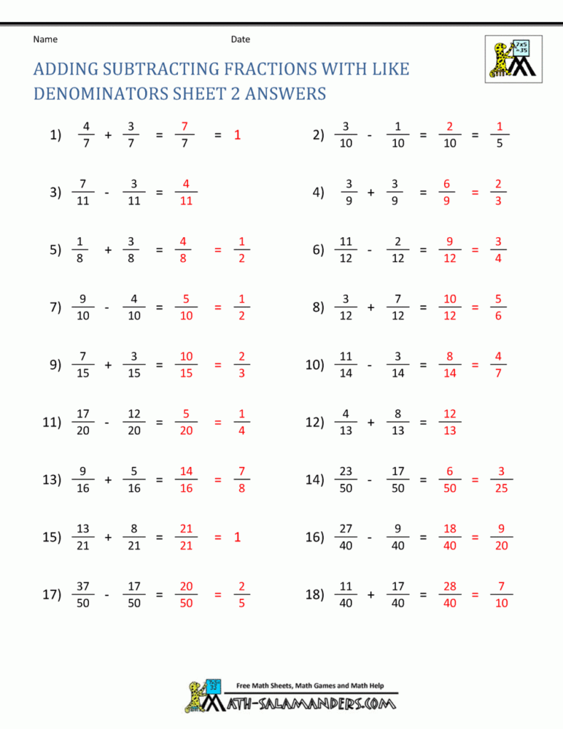 Adding And Subtracting Fractions Worksheets With Answers Worksheets 