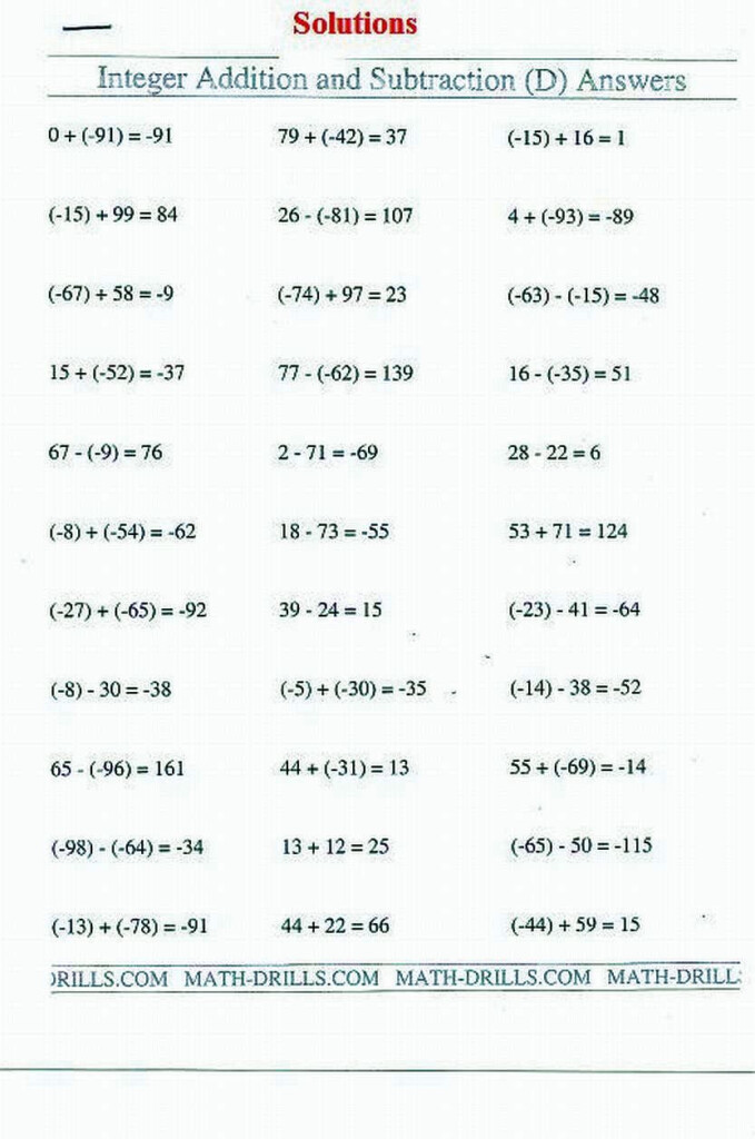 Adding And Subtracting Integers 7th Grade Worksheets