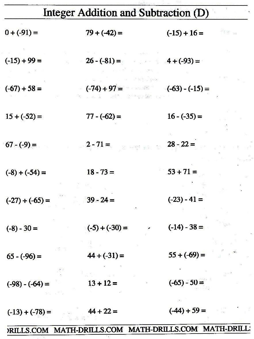 Adding And Subtracting Integers 7th Grade Worksheets