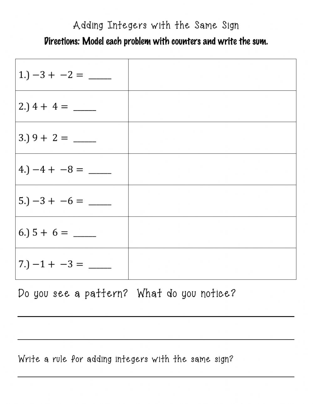 Adding And Subtracting Integers With Counters Worksheet Worksheets 