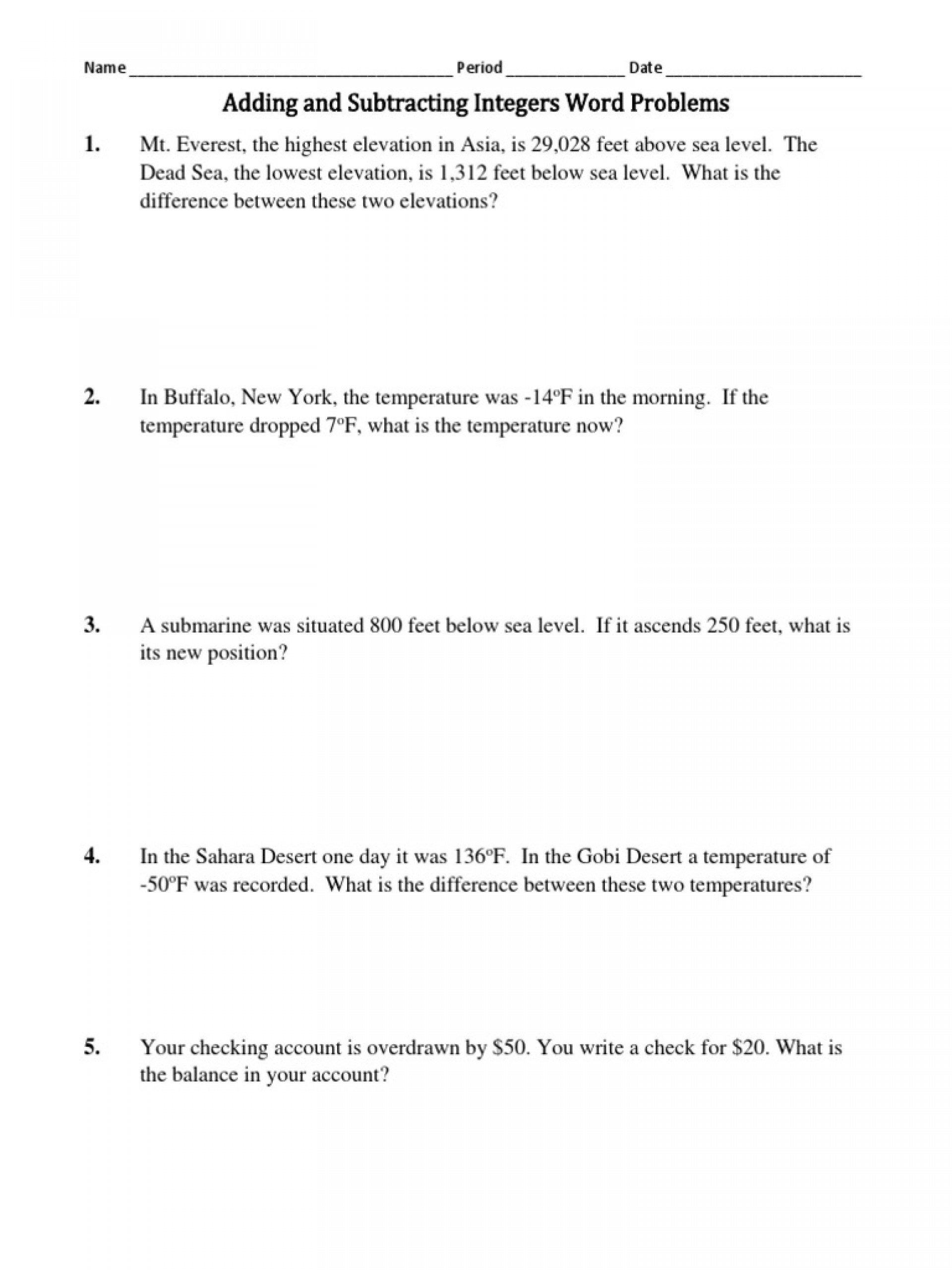 Adding And Subtracting Integers Word Problems Worksheet 7th Grade 