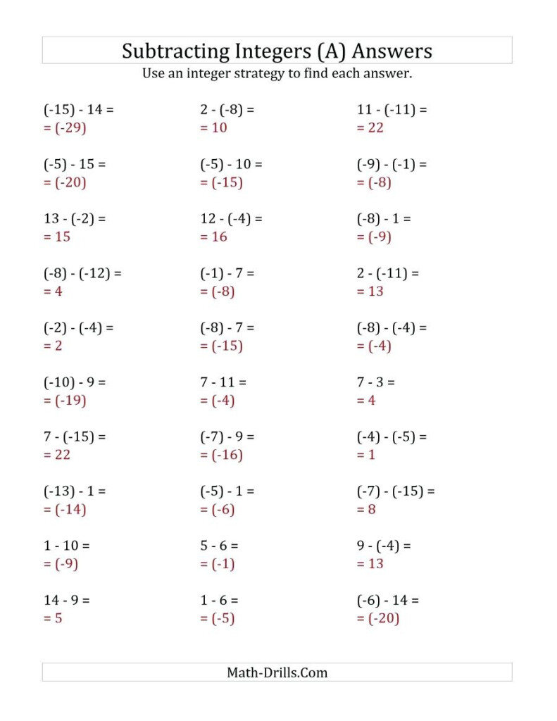 Adding And Subtracting Integers Worksheet With Answer Key Worksheets
