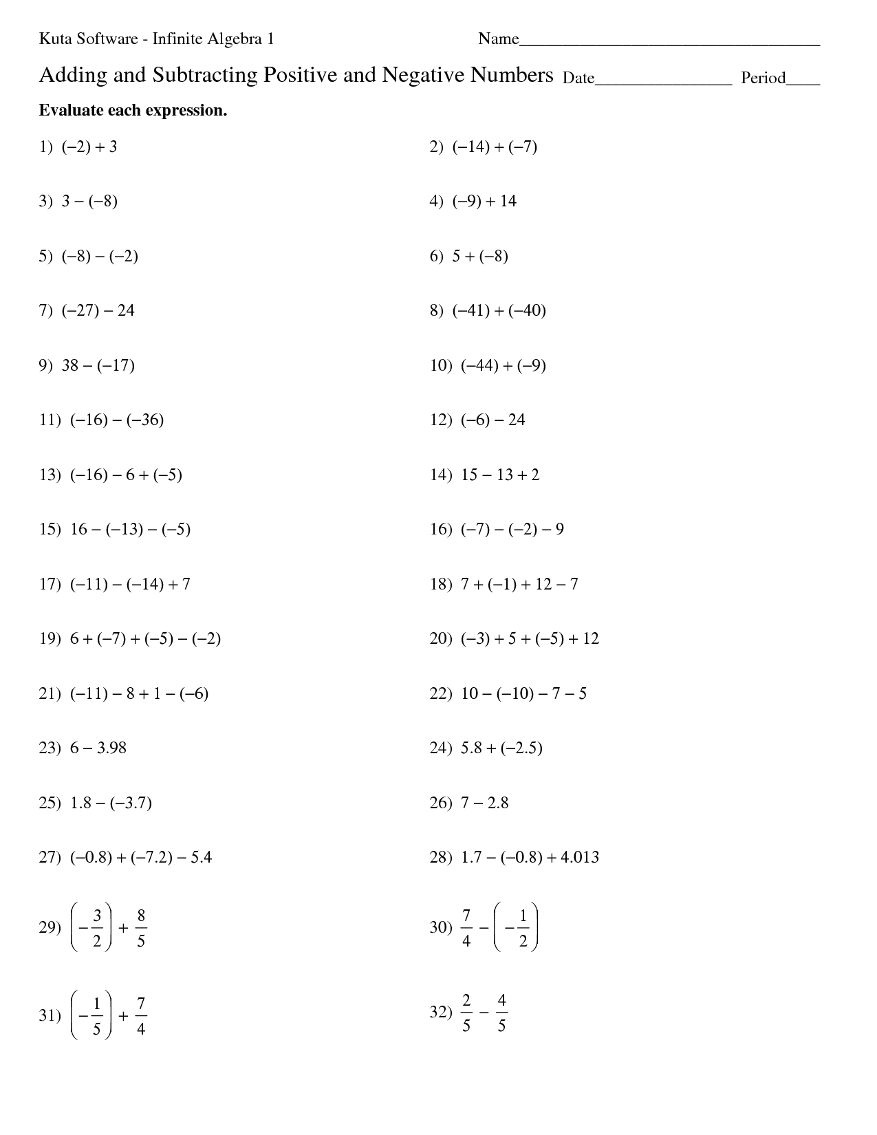 Adding And Subtracting Integers Worksheet With Answers Pdf Worksheets 