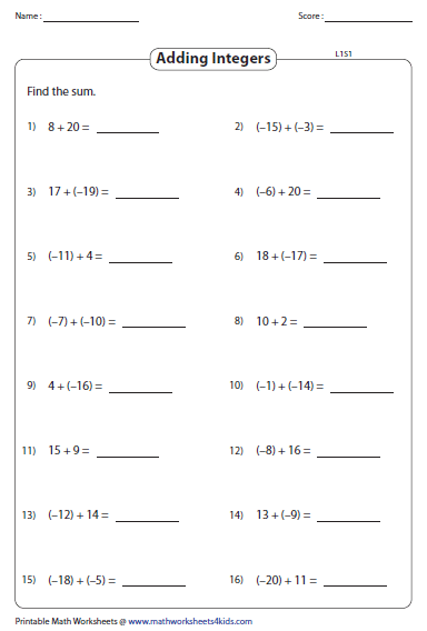 Adding And Subtracting Integers Worksheets