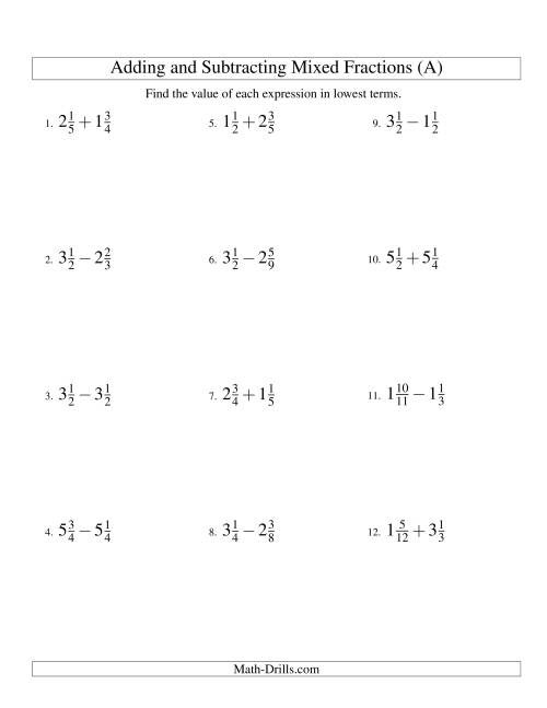 Adding And Subtracting Mixed Fractions A 