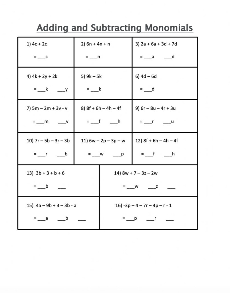 Adding And Subtracting Monomials Worksheet