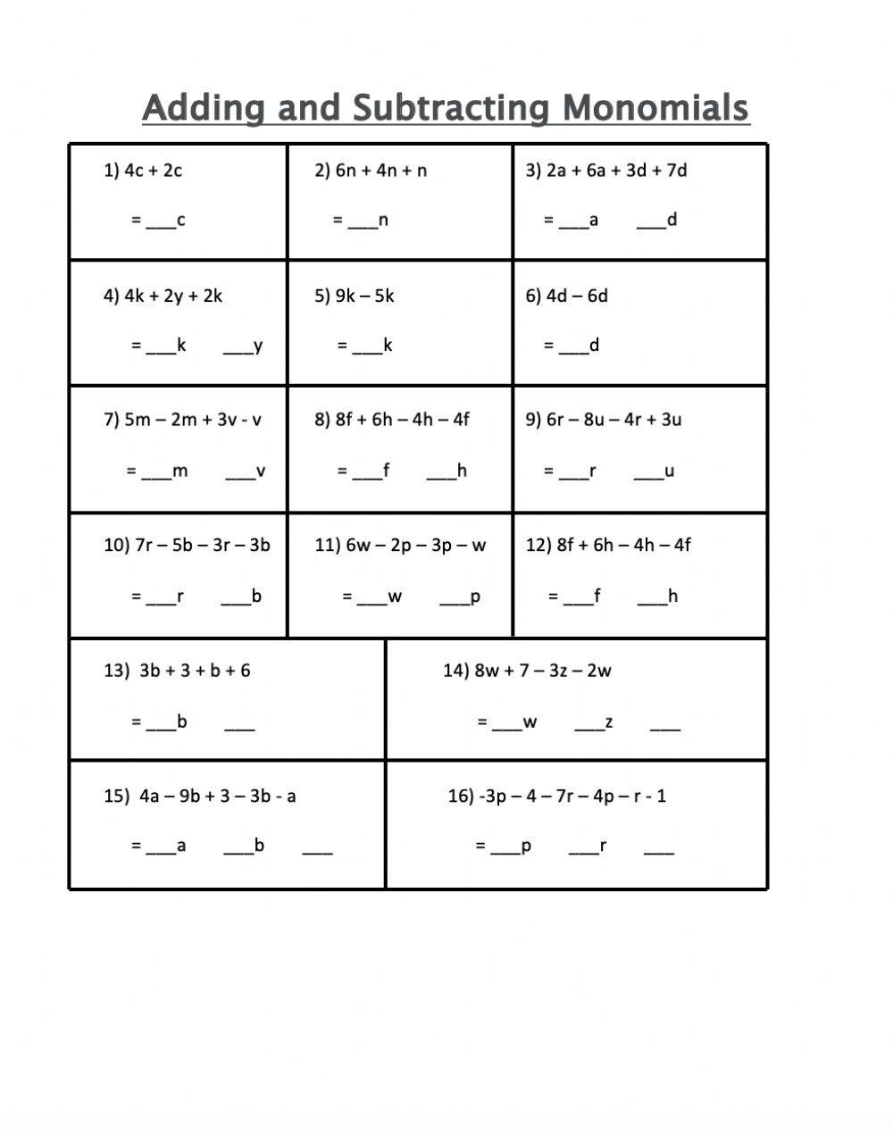 Adding And Subtracting Monomials Worksheet