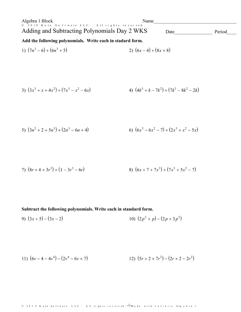 Adding And Subtracting Polynomials 2 Math Teachers Library Formative