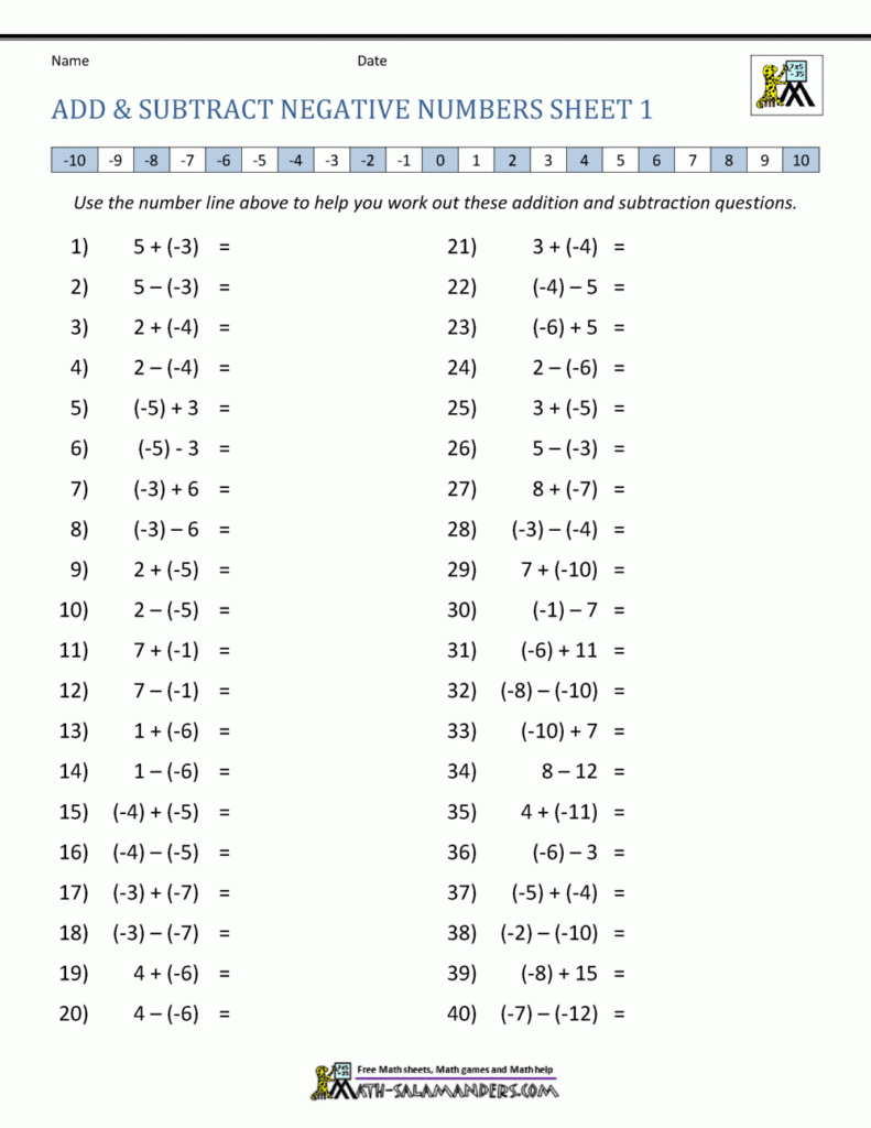 Adding And Subtracting Positive And Negative Numbers Worksheet