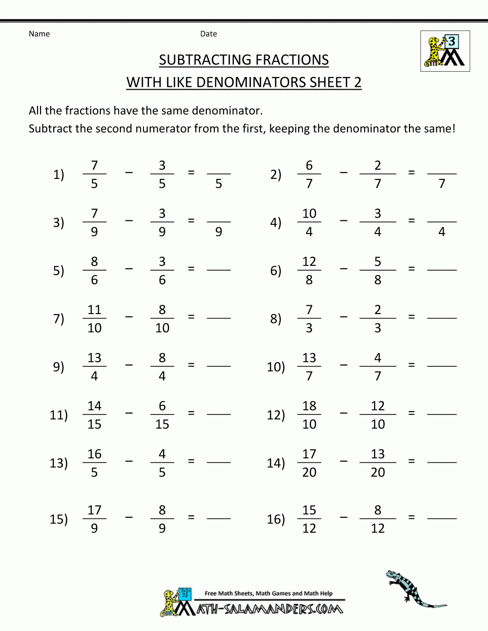 Adding And Subtracting Proper Fractions Worksheets Fraction 