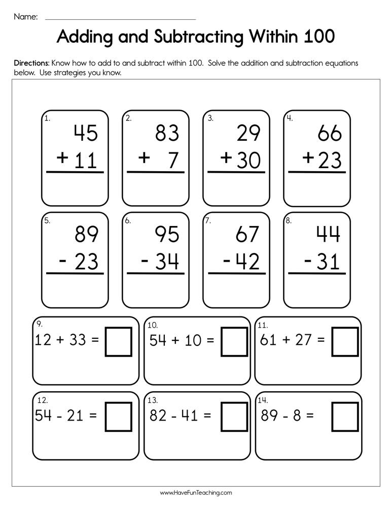 Adding And Subtracting Within 100 Worksheet Have Fun Teaching