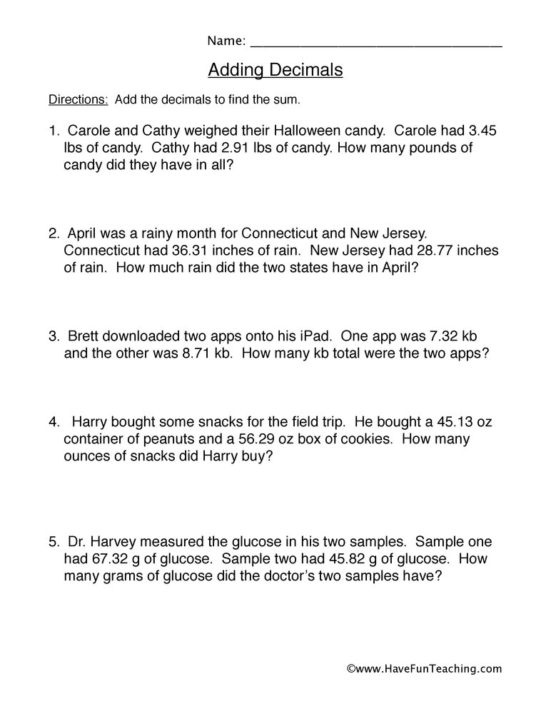 Adding Decimals Word Problems Worksheet Have Fun Teaching