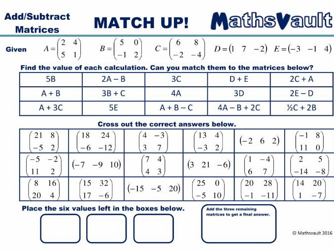 Adding Or Subtracting Matrices Worksheet Teaching Resources