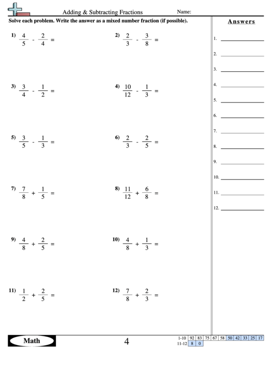 Adding Subtracting Fractions Worksheet With Answer Key Printable Pdf 