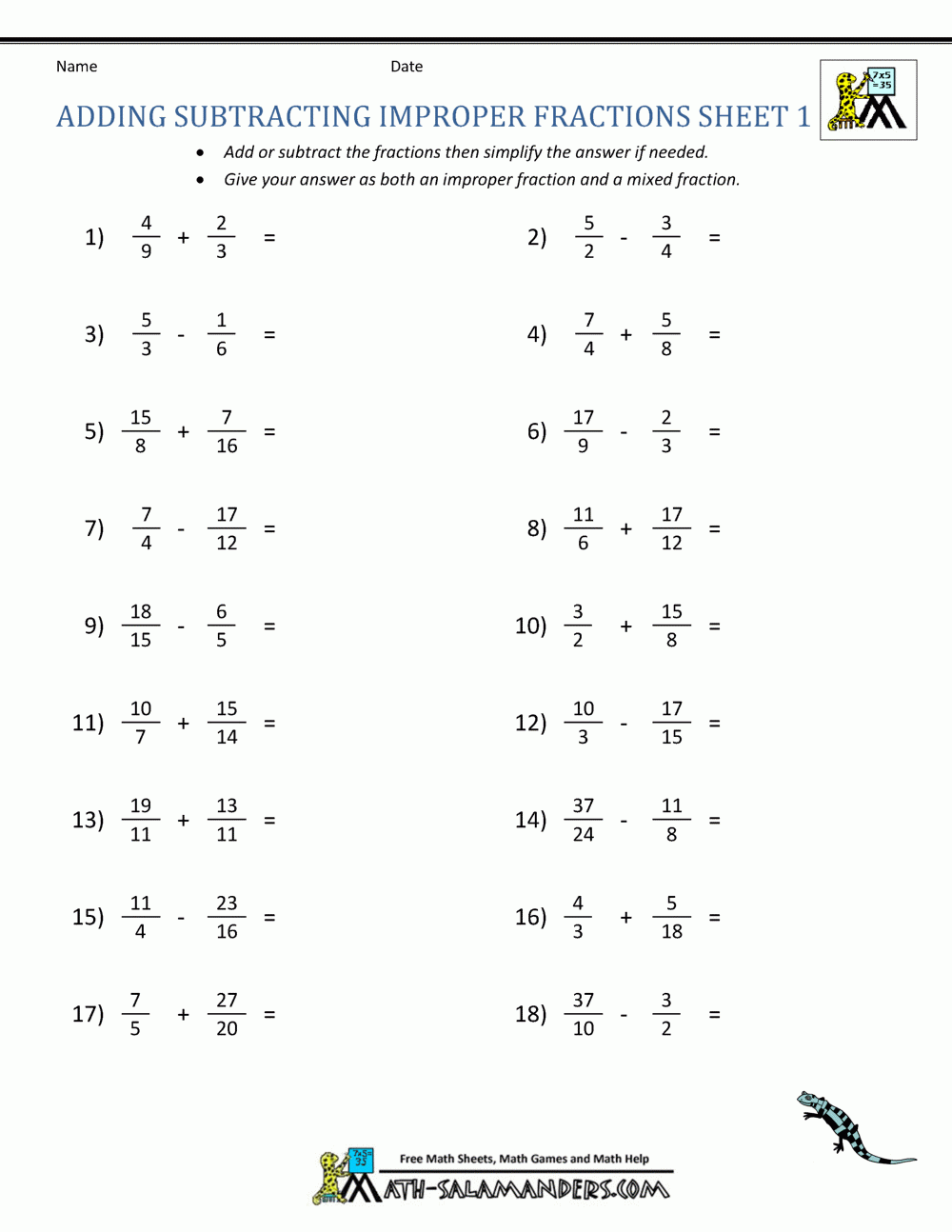 Adding Subtracting Fractions Worksheets