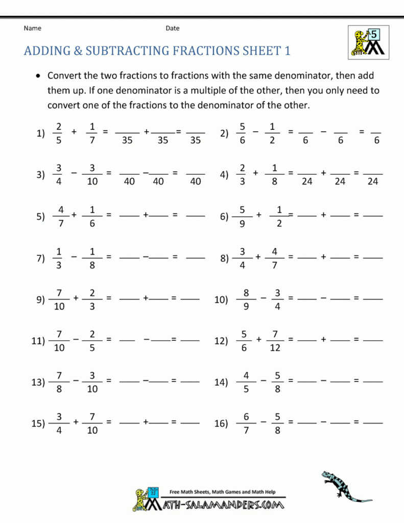 Adding Subtracting Fractions Worksheets