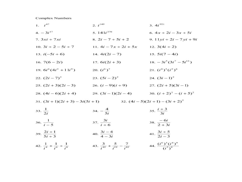 Adding Subtracting Multiplying And Dividing Complex Numbers Worksheet 