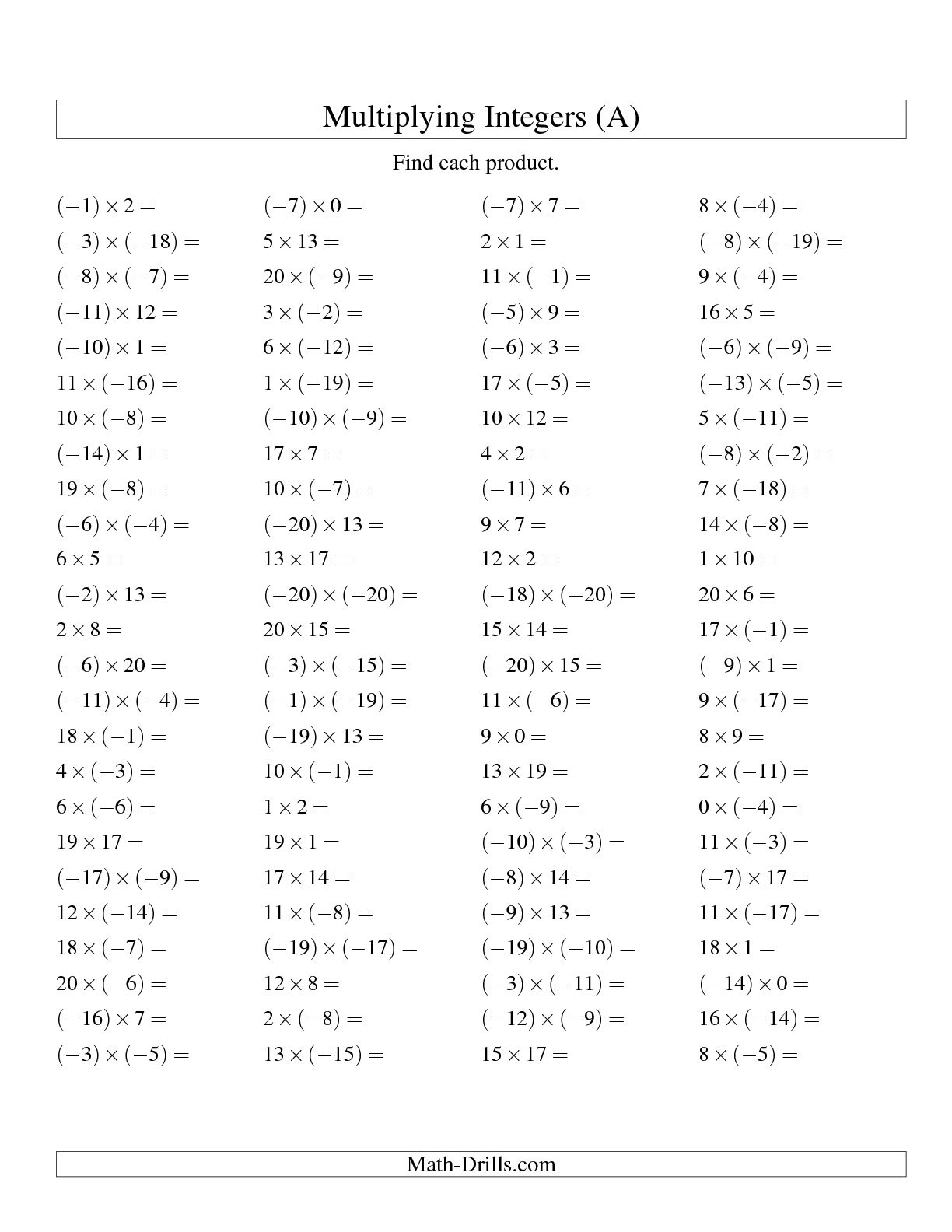 Adding Subtracting Multiplying And Dividing Integers Worksheet With 