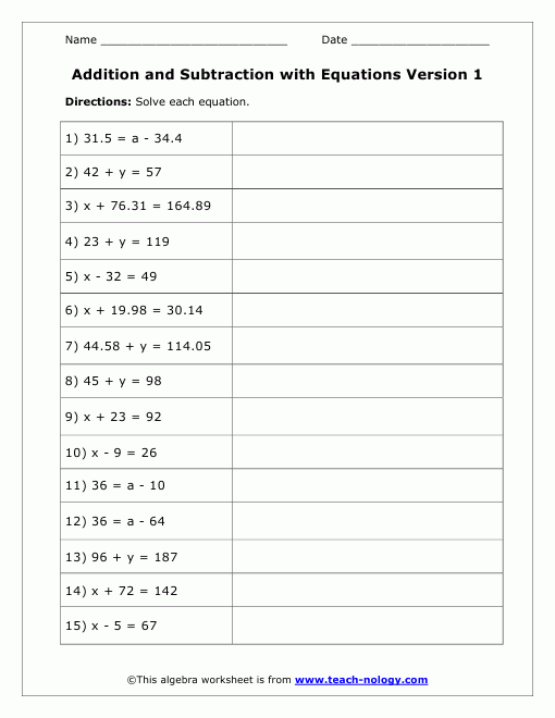 Addition And Subtraction Of Algebra Equations Version 1