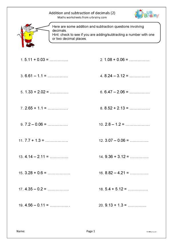 Addition And Subtraction Of Decimals 2 Fraction And Decimal 