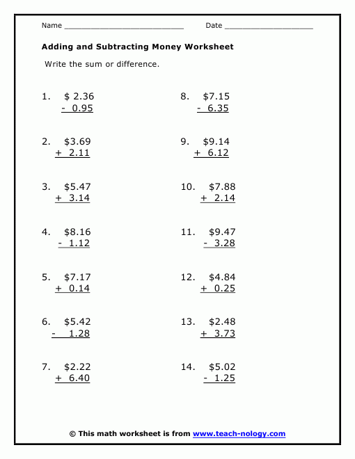 Addition And Subtraction Of Money