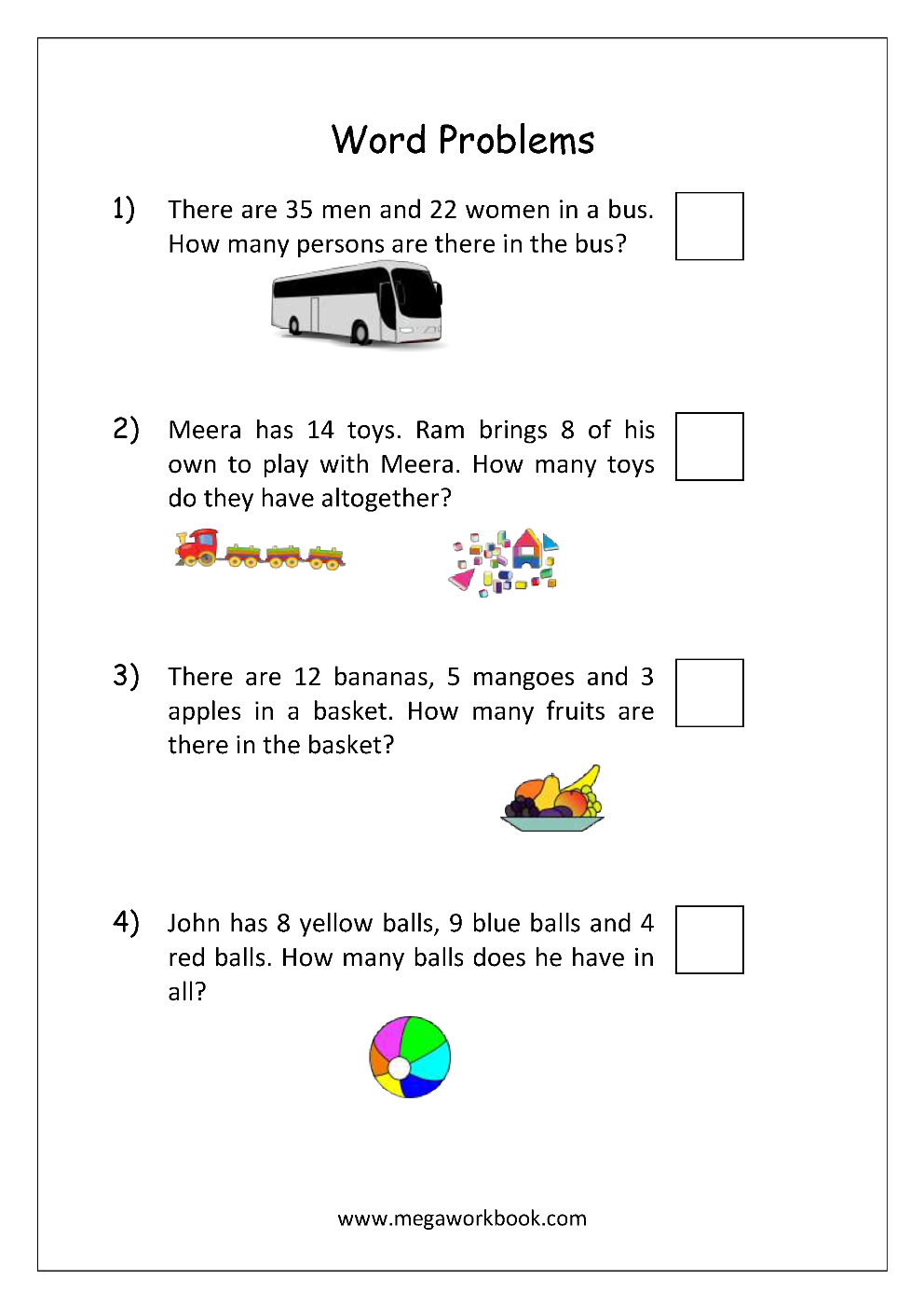 Addition And Subtraction Word Problems Worksheets For Kindergarten And 