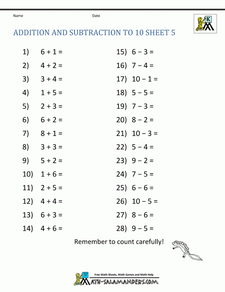 Addition And Subtraction Worksheets For Kindergarten