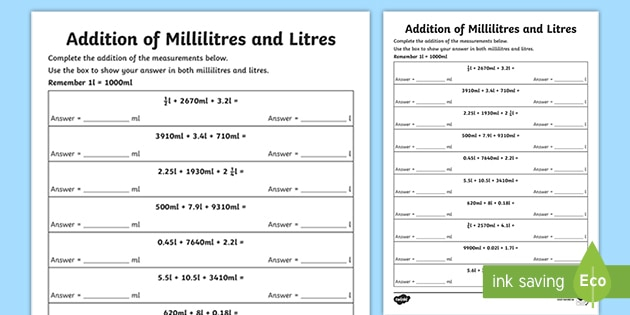 Addition Of Millilitres And Litres Worksheet teacher Made 