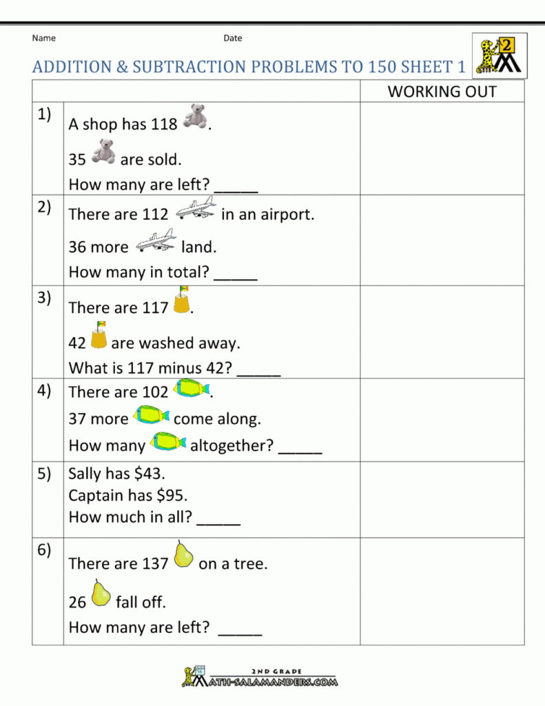 Addition Subtraction Word Problems 2nd Grade