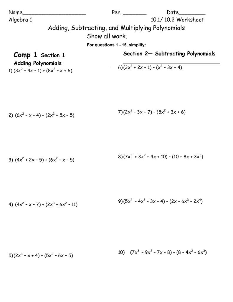 Algebra 1 10 1 Worksheet Adding And Subtracting Polynomials Answers Key