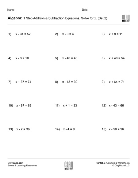 Algebra 1 Step Addition Subtraction Equations Set 2 Childrens 