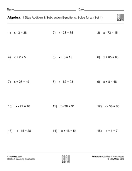 Algebra 1 Step Addition Subtraction Equations Set 4 Childrens 