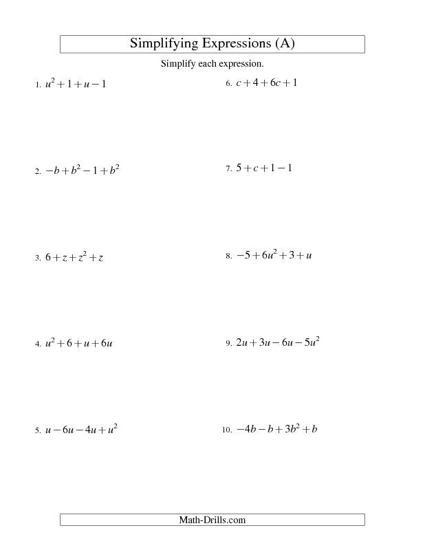 Algebra Worksheet Simplifying Algebraic Expressions With One 
