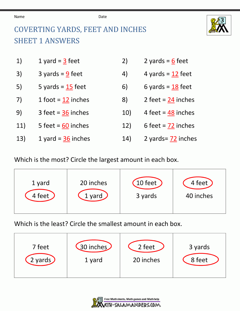 Converting Yards Feet And Inches Sheet 1 Answers Free Printable 