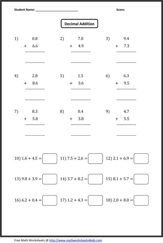 Decimal Addition Worksheets Decimals Decimals Addition Subtracting